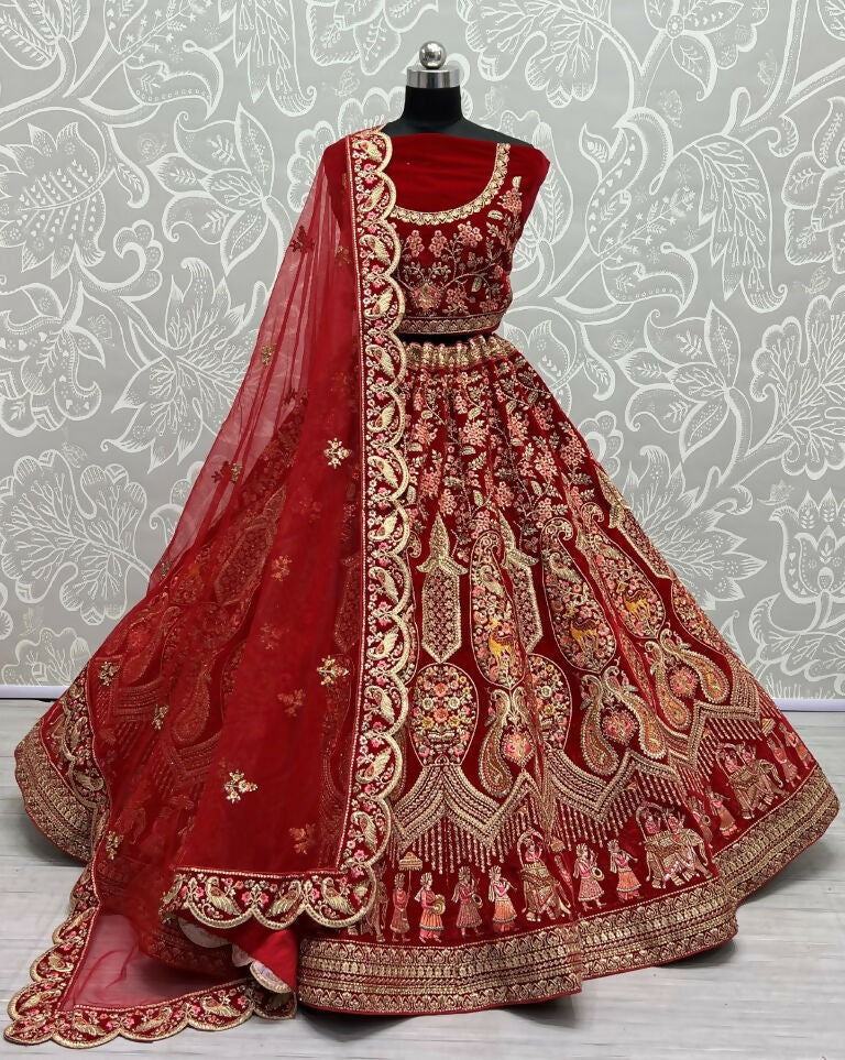 Jyoti Fashion Women's Red Velvet Multi Thread Embroidered with Zircon Diamond Work Wedding Lehenga Choli | Swadesiicart