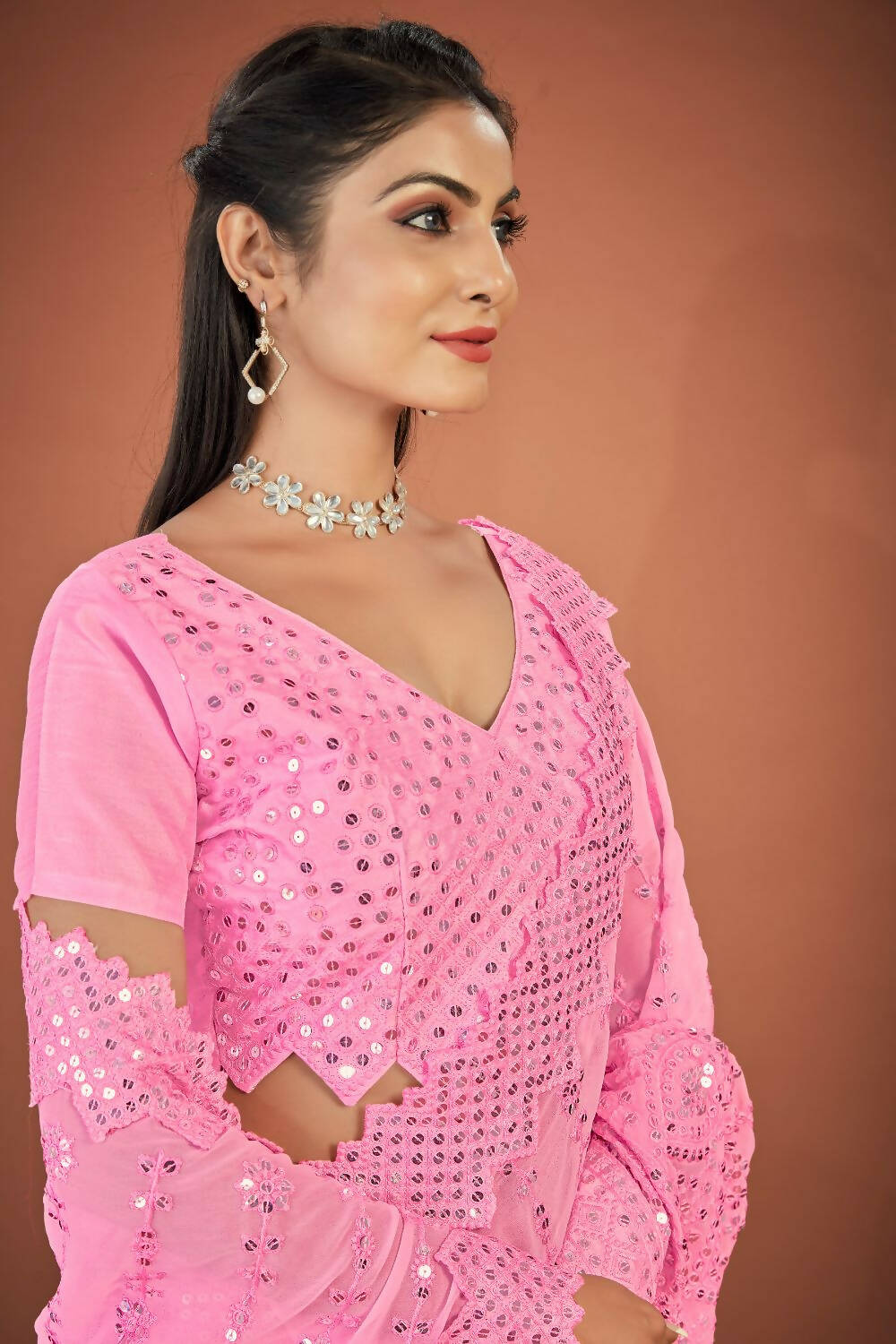 Vamsee Pink Georgette Designer Saree - Swadesiicart