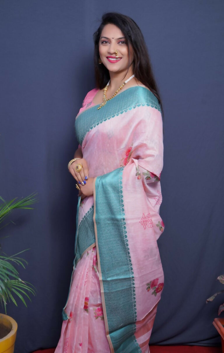 Jyoti Fashion Women's Teal Linen Silk Digital Print with Jacquard Woven Border Saree with Blouse | Swadesiicart
