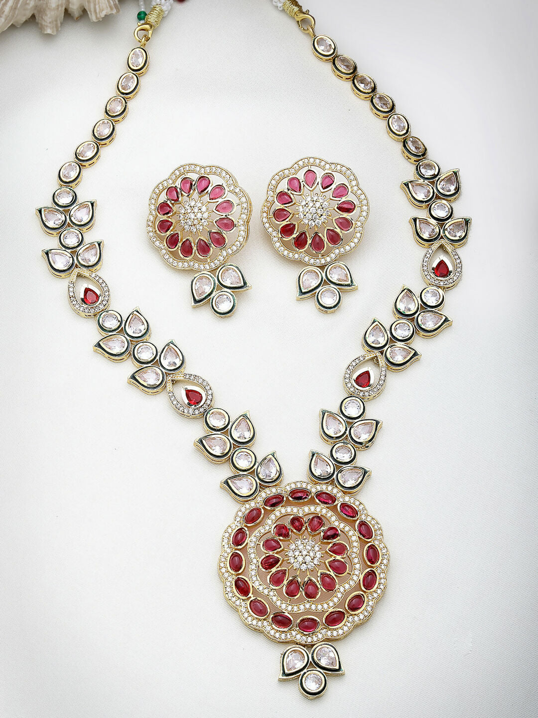 NVR Women's Set of 2 Red & Gold Kundan Studded Jewellery Set Choker & Long Necklace With Earrings - Swadesiicart