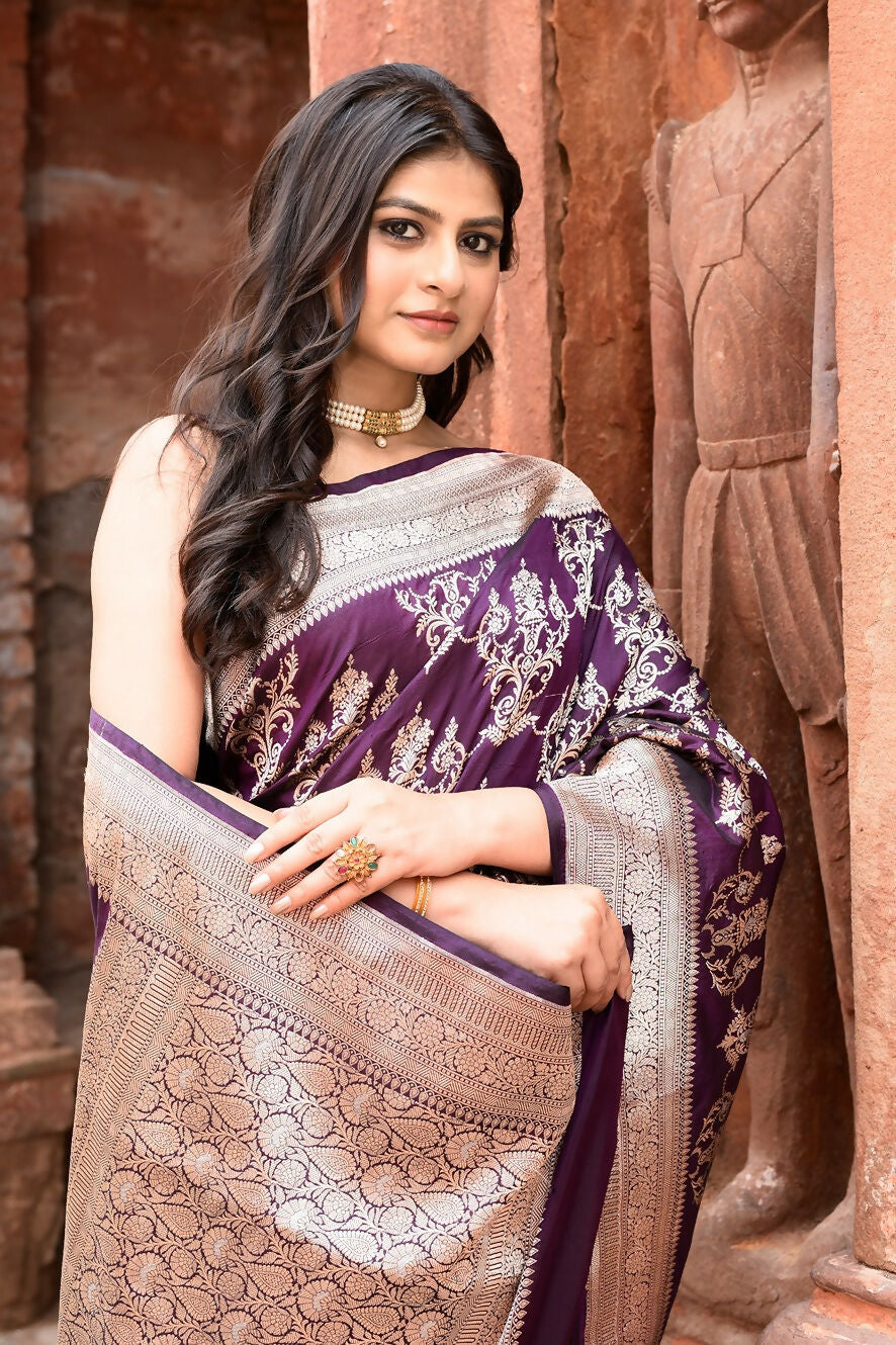 Joban Fashion Purple Pure Katan Pure Handloom Banarasi Silk Saree | Swadesiicart