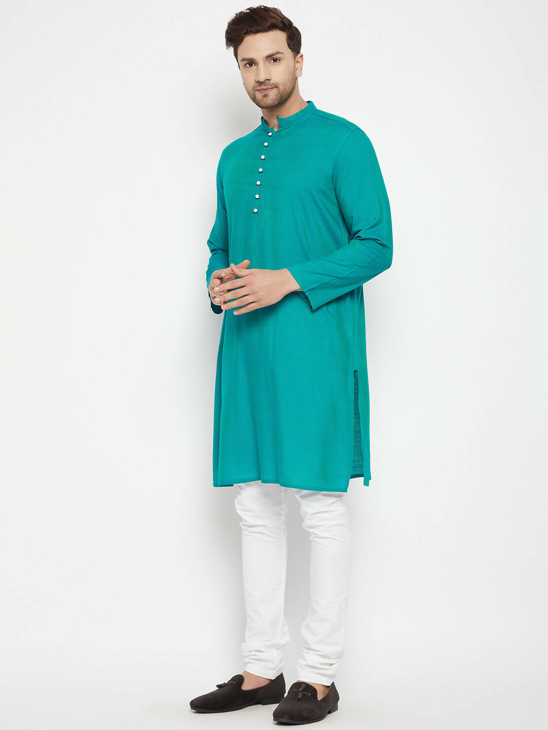 Even Apparels Blue Pure Cotton Long Men's Kurta With Band Collar | Swadesiicart