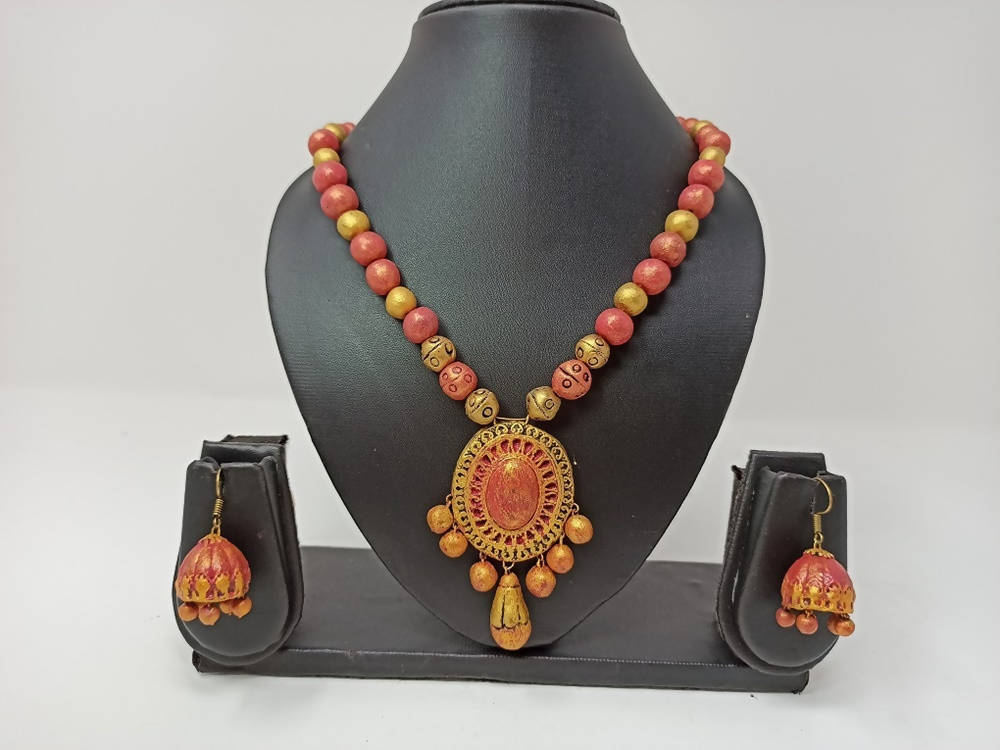 Terracotta Medium Necklace Set With Hangings-Golden Pink | Swadesiicart