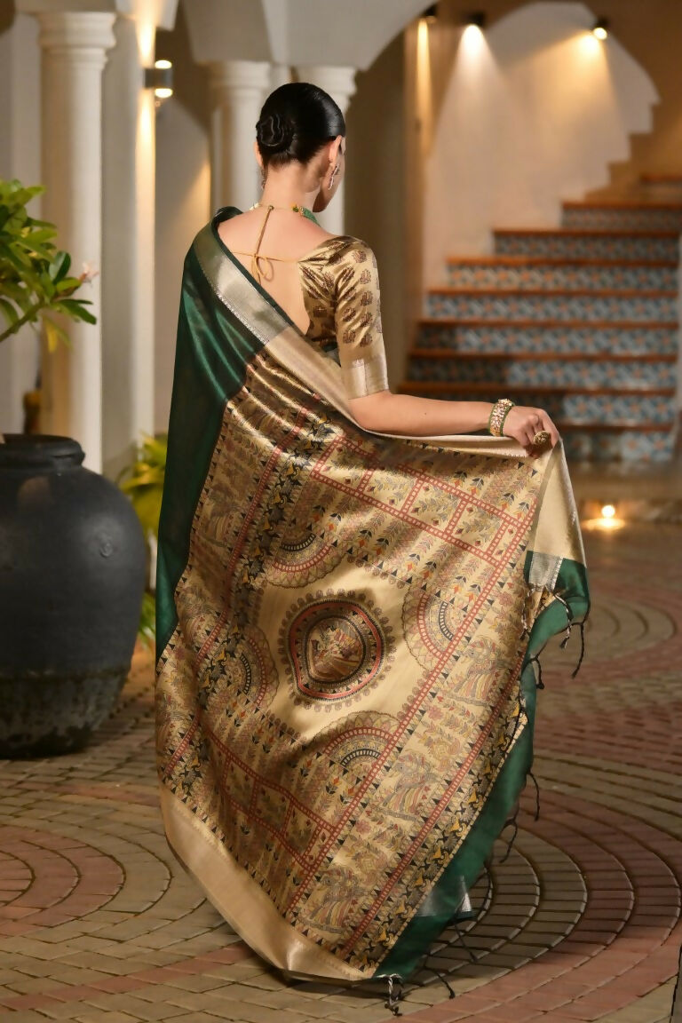 Vishnu Weaves Women's Green Soft Tussar Silk Printed Saree with Blouse - Swadesiicart