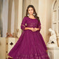 Jyoti Fashion Women's Wine Georgette Embroidered Anarkali Kurta Pant Set With Dupatta | Swadesiicart