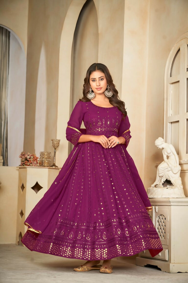 Jyoti Fashion Women's Wine Georgette Embroidered Anarkali Kurta Pant Set With Dupatta | Swadesiicart