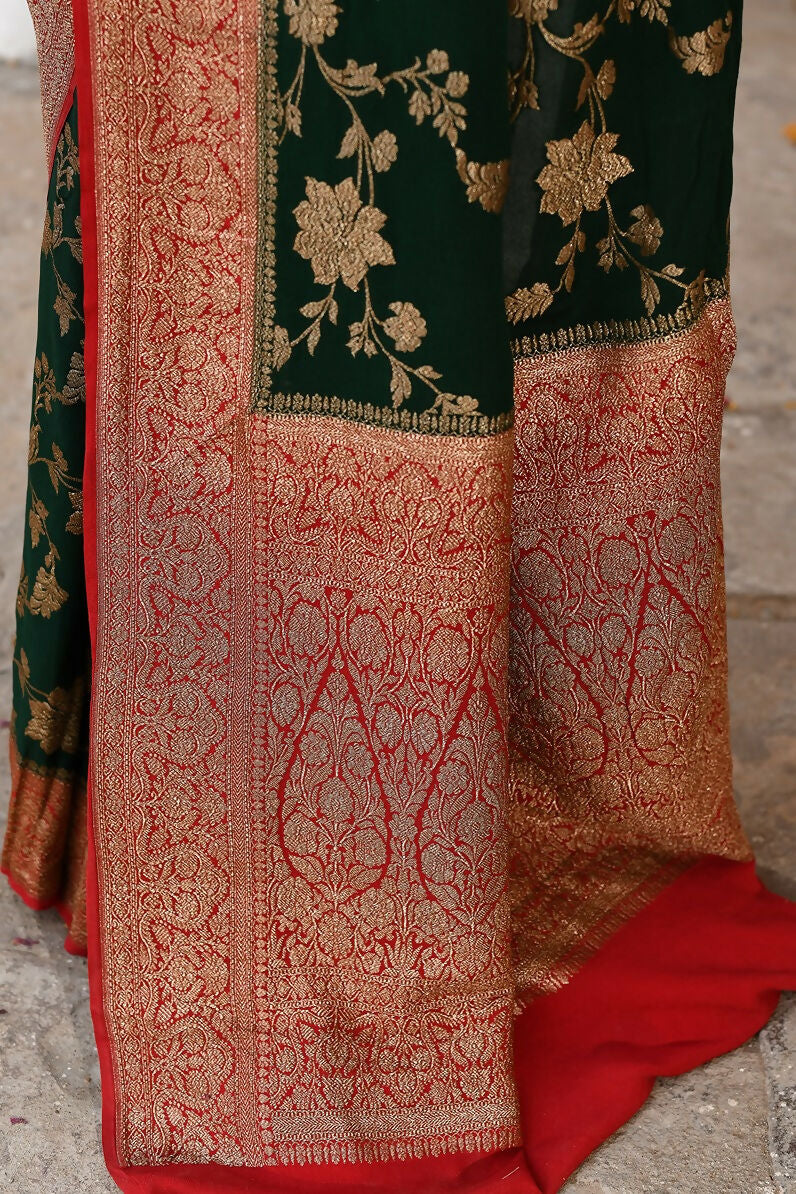 Joban Fashion Green Crepe Chiffon Pure Handloom Banarasi Silk Saree | Swadesiicart