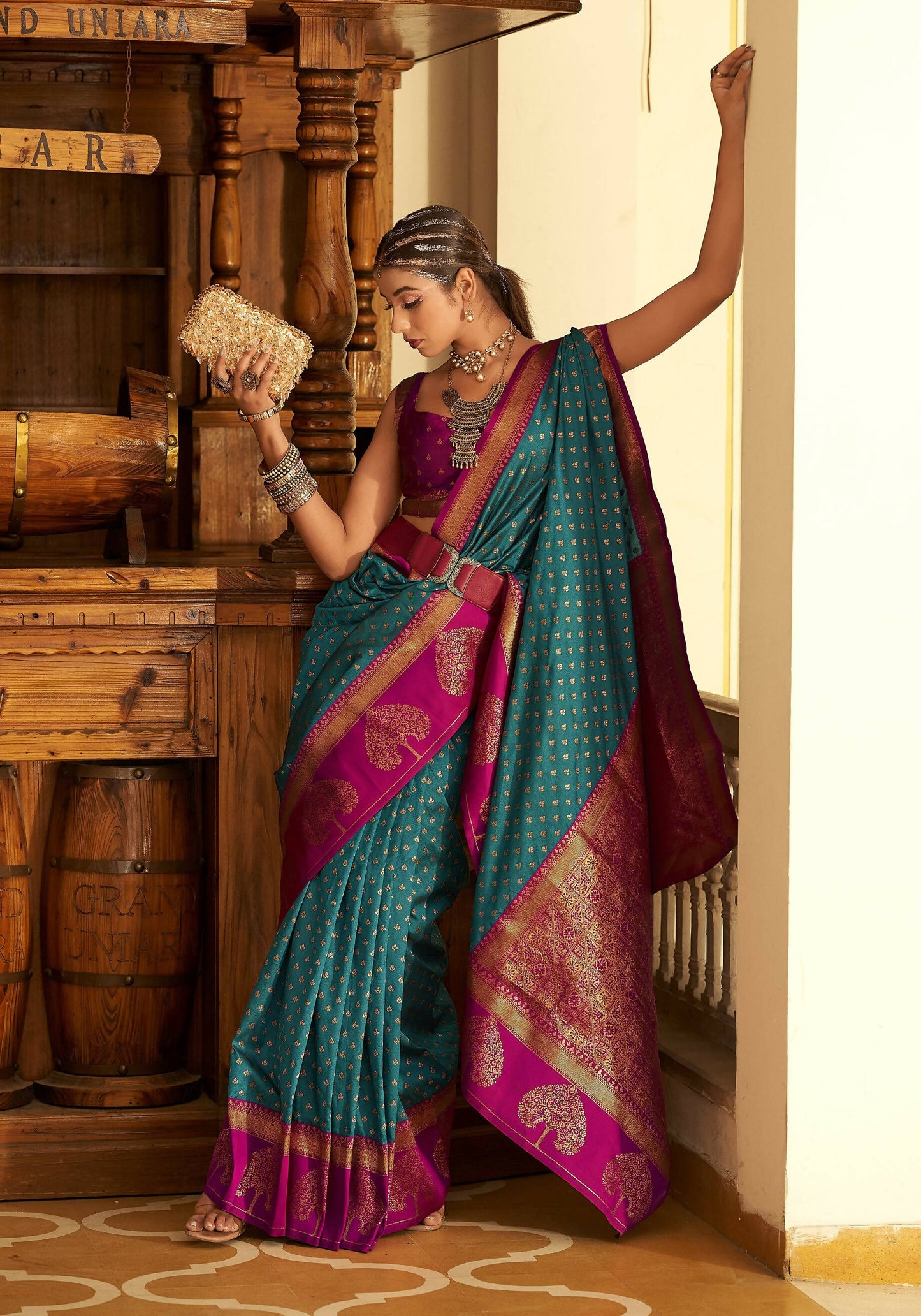 Blue Soft Banarasi Paithani Copper Zari Weaving Saree With Unstitched Blouse Piece - Jodha | Swadesiicart