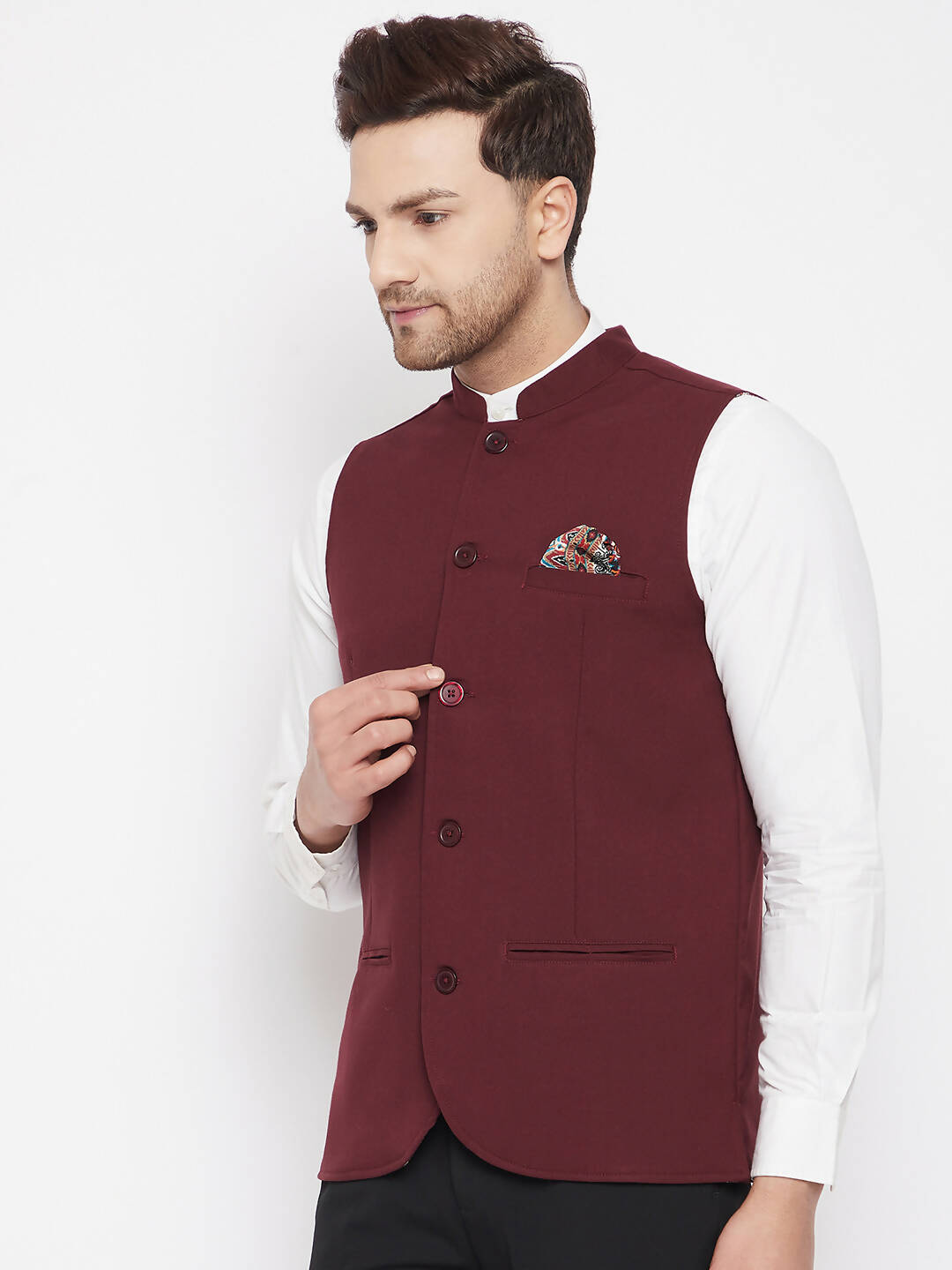 Even Apparels Maroon Merino Men's Nehru Jacket-Contrast Lining-Inbuilt Pocket Square | Swadesiicart