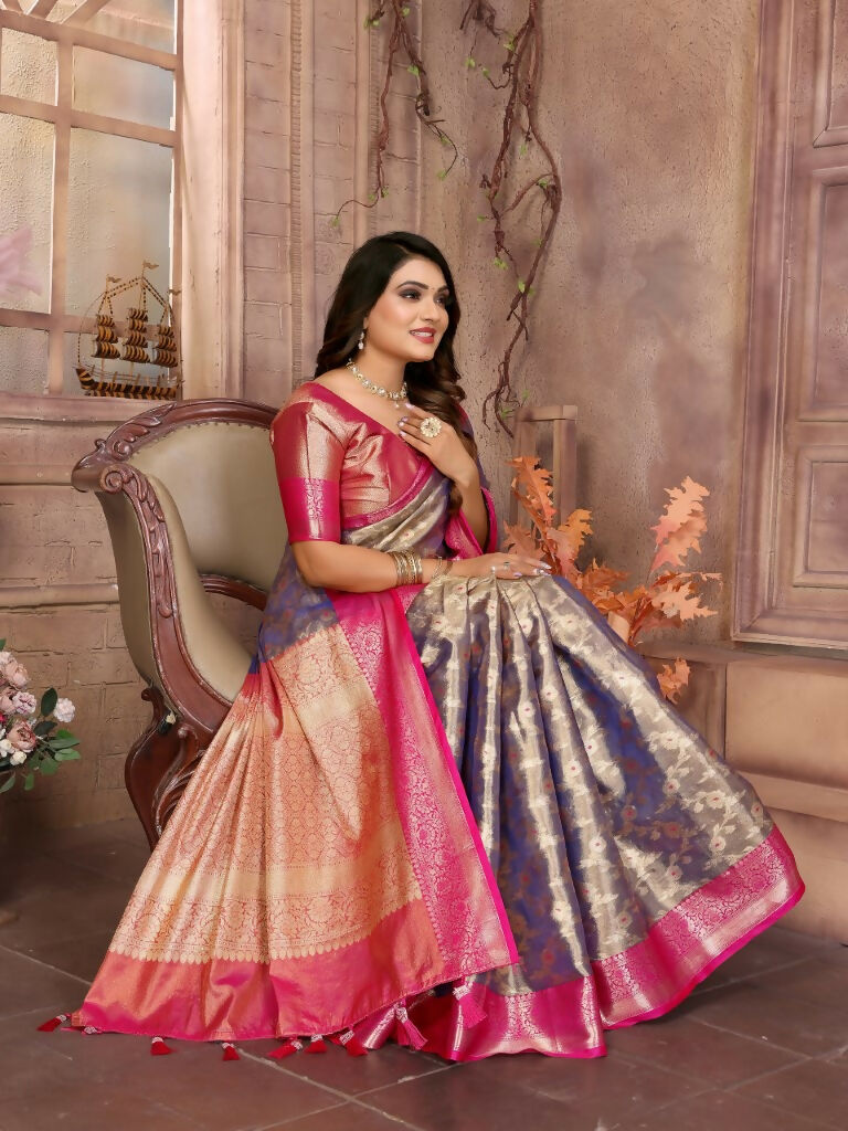Anaita Lavender Tissue Silk With Zari Weaving Saree With Blouse