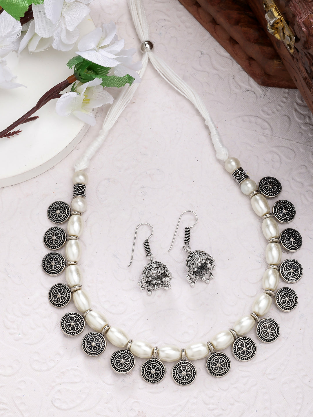 NVR Women's White Silver-Plated Choke Oxidized Necklace with Jhumka Earrings - NR Retail-NVR
