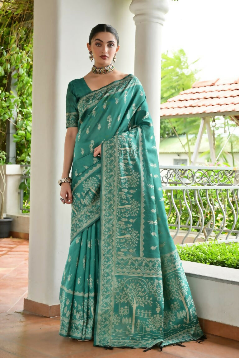 Vishnu Weaves Women's Rama Handloom Raw Silk Thread Weaving Saree with Blouse - Swadesiicart