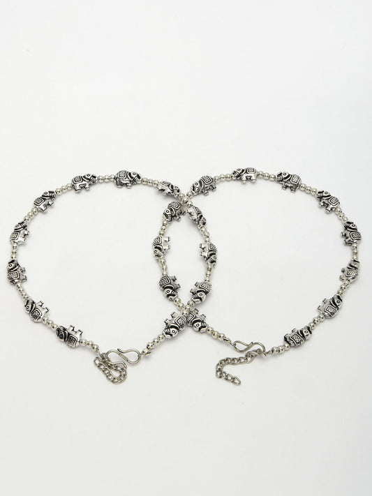 NVR Women's Set of 2 Silver-Plated Elephant Design Anklets | Swadesiicart