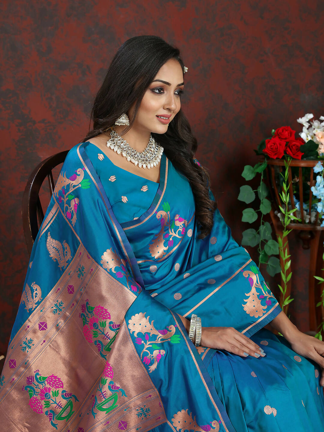 Lorenvalley Fashion Rama Soft Paithani Silk Woven Design Copper Zari Meenakari Weaving Saree - Swadesiicart