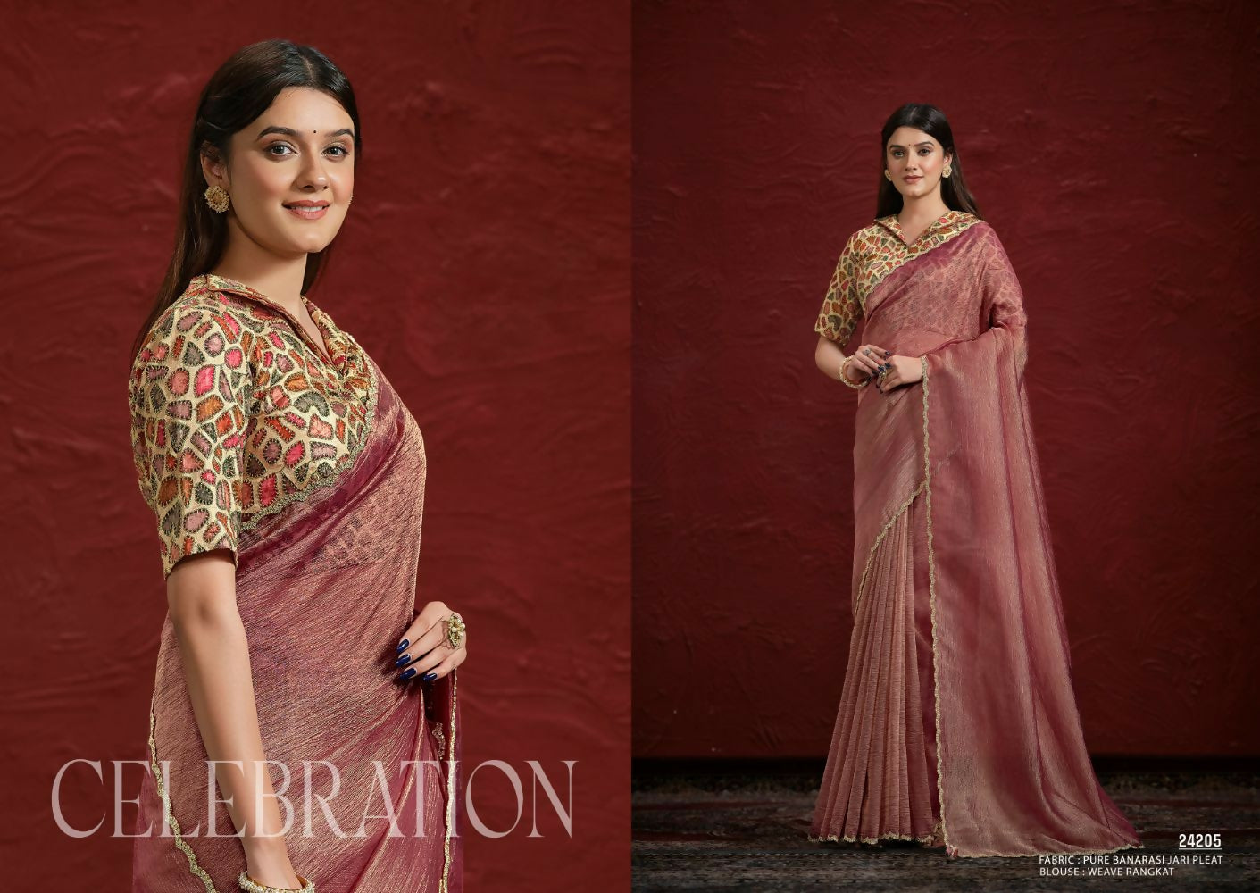 Light Maroon Pure Banarasi Jari pleat Stone with Handwork Saree with Stitched Blouse - Mohmanthan Aaina | Swadesiicart