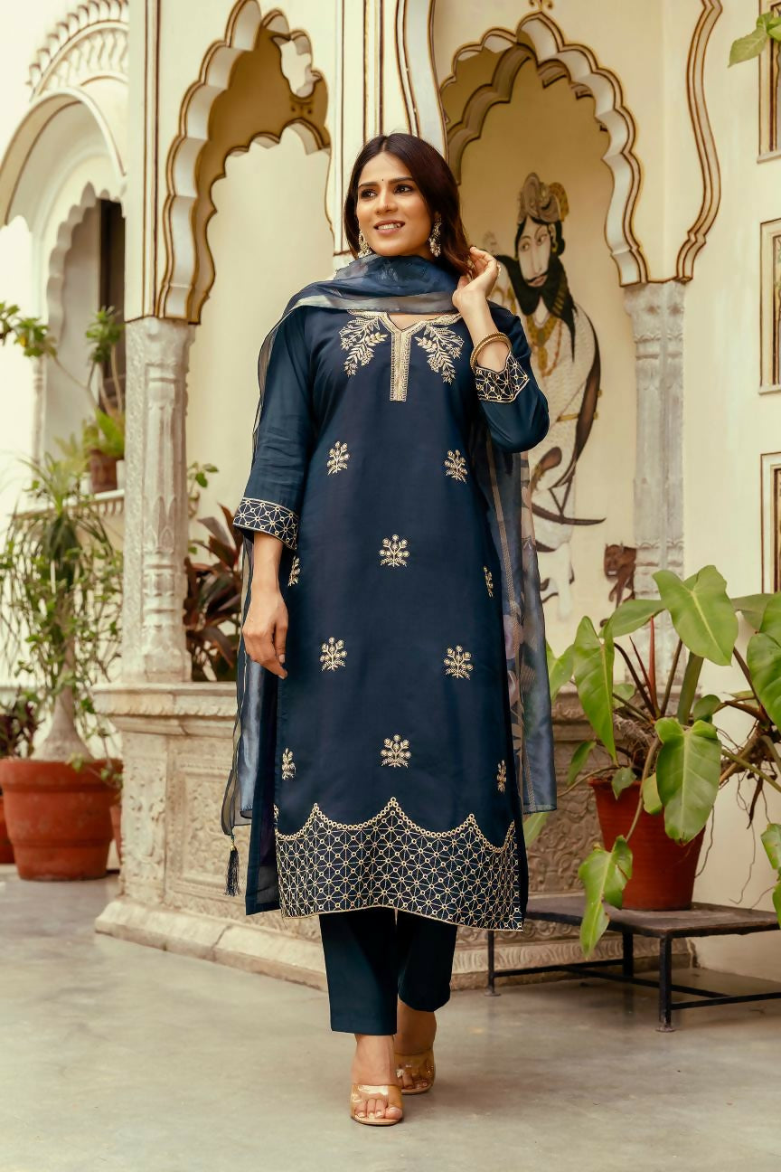 The52 Navy Blue Women's Beautiful Viscose Chanderi Fabric Thread Work Straight Kurta Pant and Dupatta Set - Swadesiicart