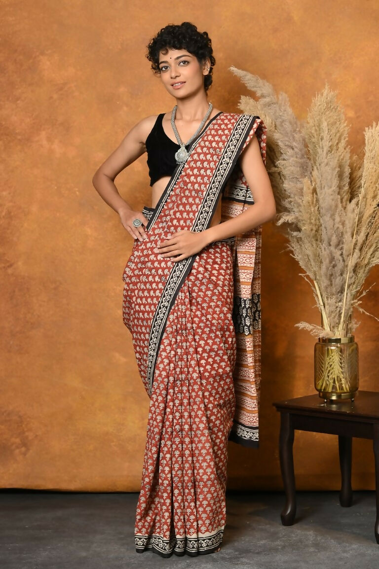Very Much Indian Handblock Printed Cotton Saree With Natural Dyes - Orange | Swadesiicart