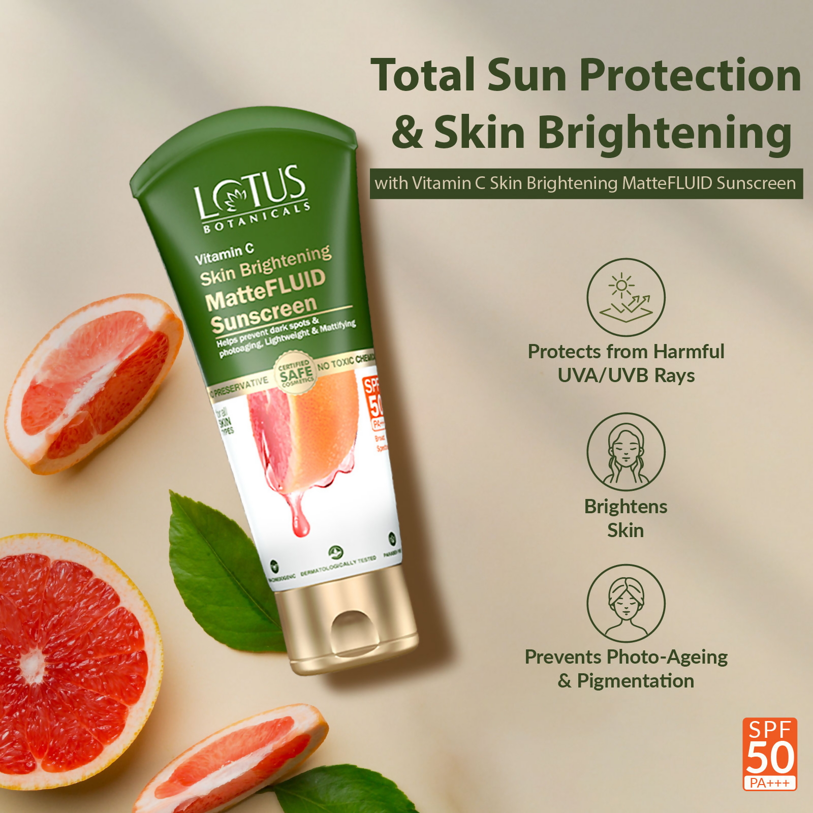 Lotus Botanicals 100x Vitamin C Matte Fluid Sunscreen, Sun Protect & Skin Brightening, SPF 50, PA+++ | Swadesiicart