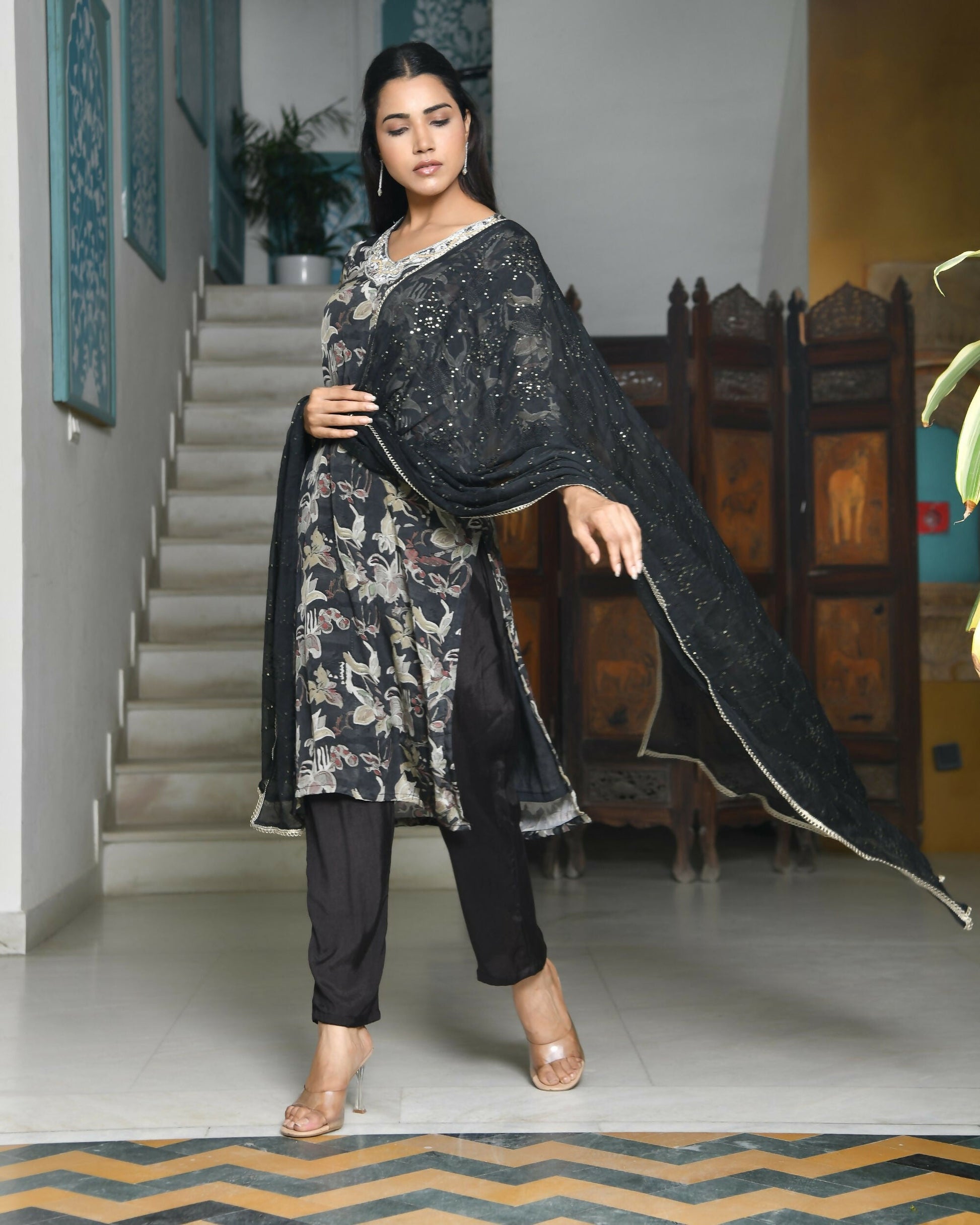 Vaasva Women's Black Crepe Embroidered Suit Set | Swadesiicart