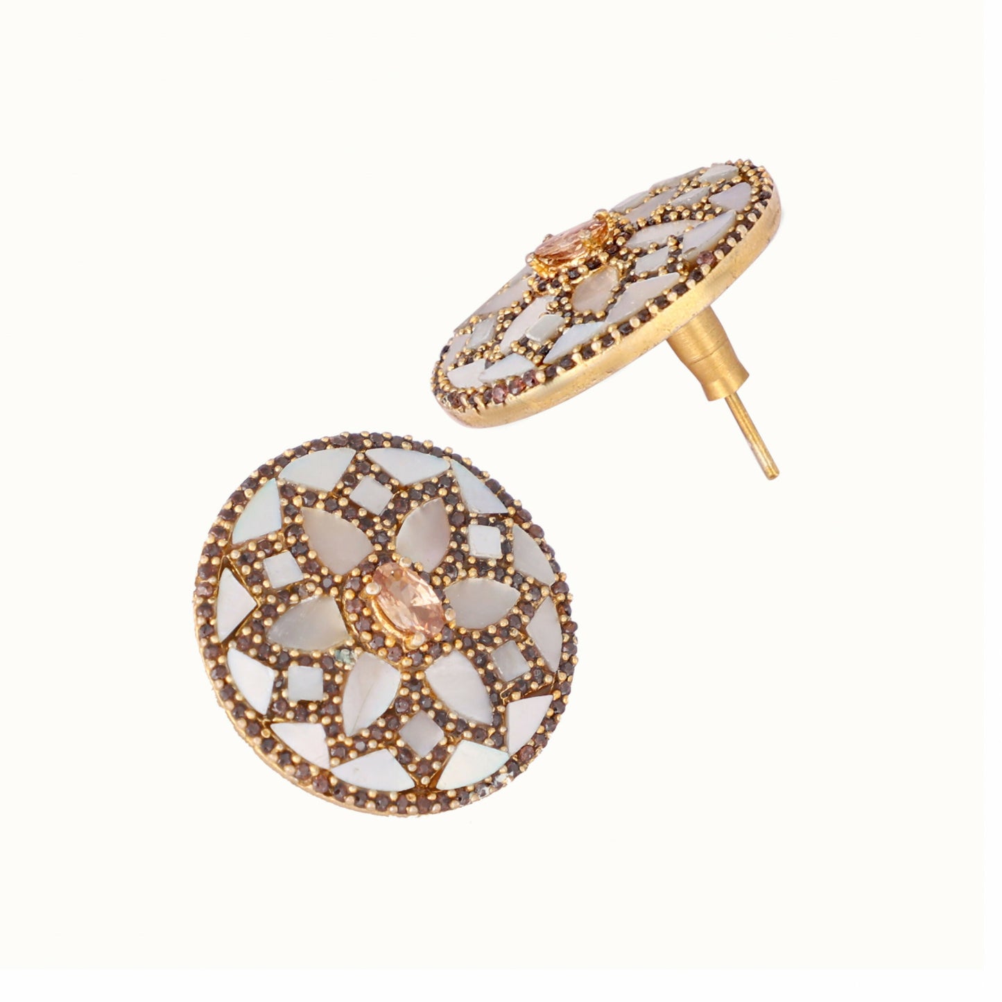Nuyug 22K Gold Plated Mother of Pearls and Stone Studded Contemporary Floral Shaped Studs | Swadesiicart