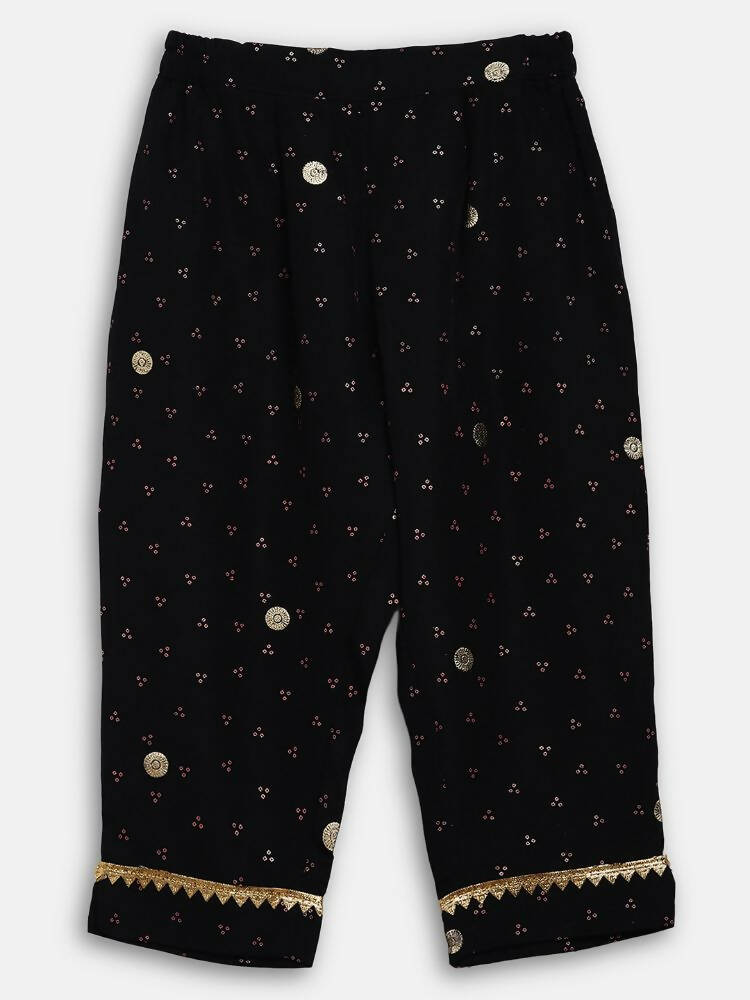 Ahalyaa Black Crepe Kids Kurta Pants With Dupatta For Girls | Swadesiicart
