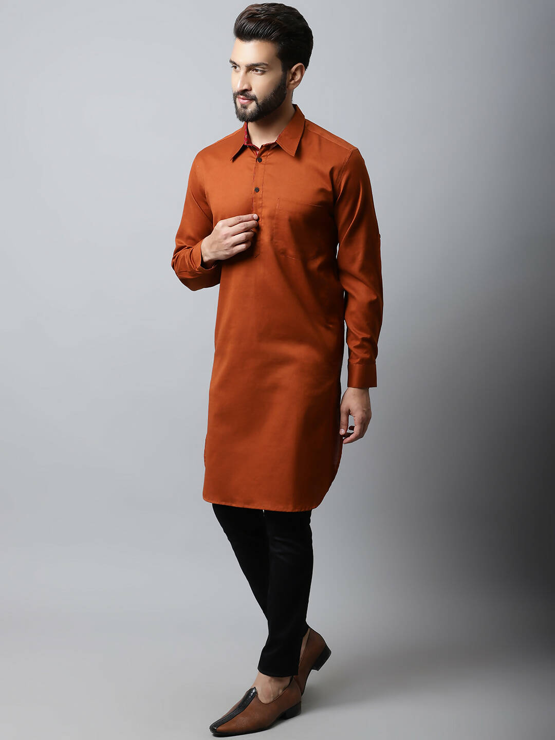 Even Apparels Brown Color Pure Cotton Solid Men's Kurta With Shirt Collar (SLD1137) | Swadesiicart