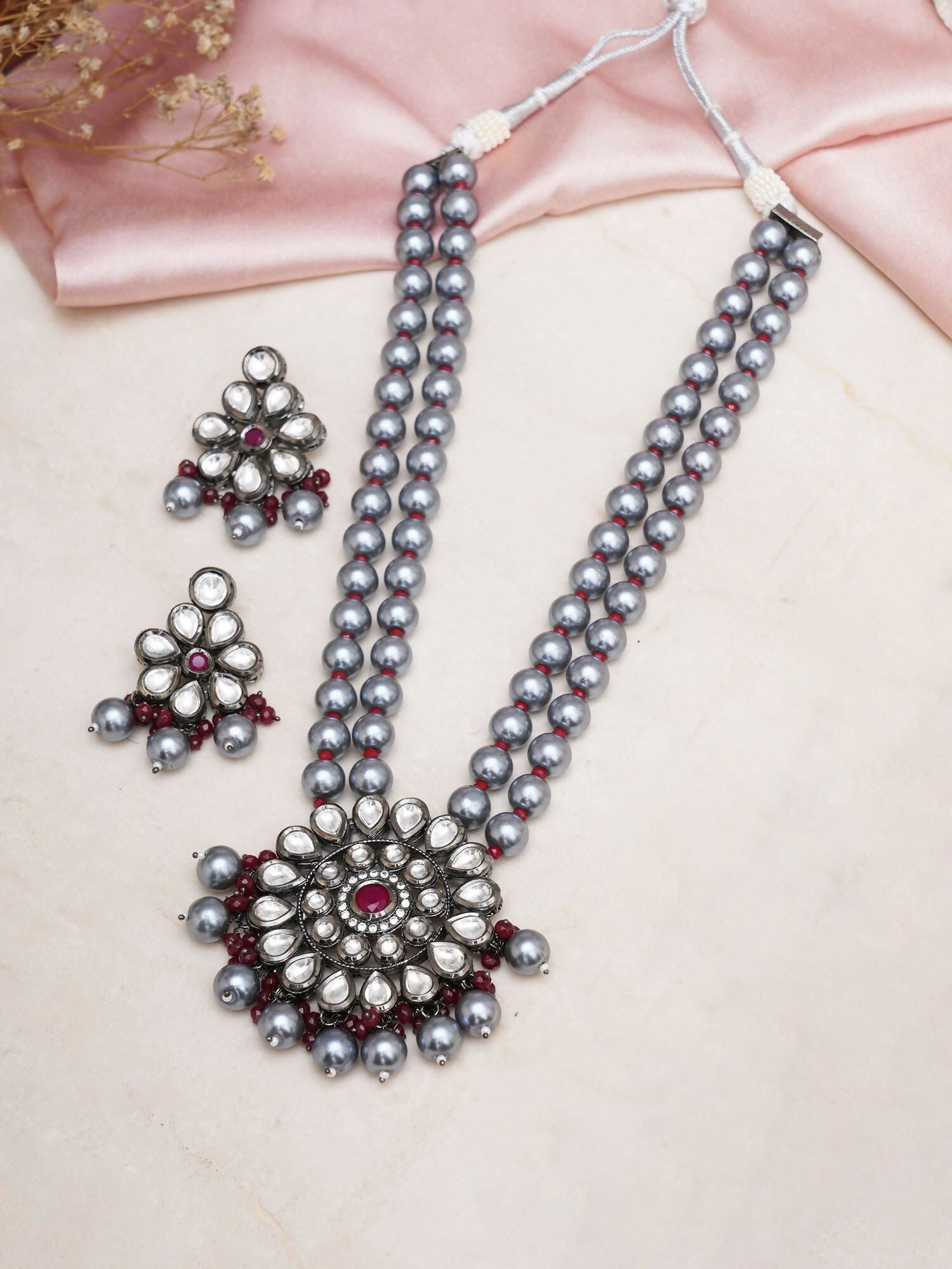 Long Kundan Neckpiece with Earrings with Multi Stones Jewellery Set (Grey) - Ruby Raang - Swadesiicart