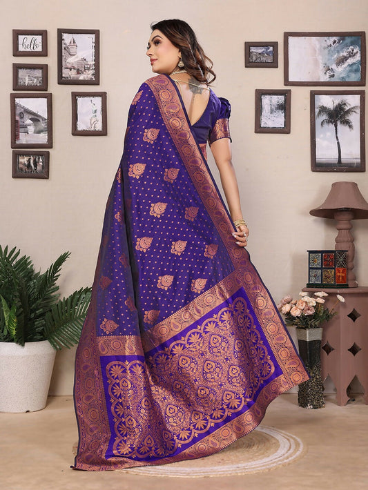 Joban Fashion Banarasi Navy Blue Woven Soft Silk Saree | Swadesiicart