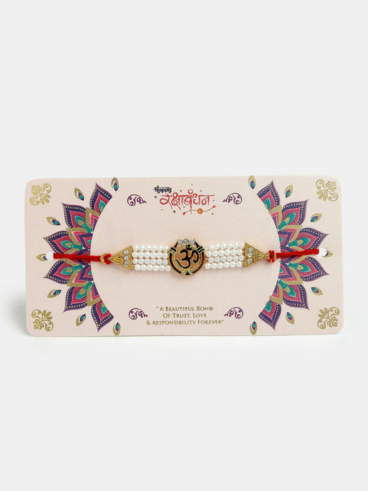 NVR Men Set of 4 Gold-Toned Stone-Studded & Beaded Rakhi With Roli Chawal & Chocolate | Swadesiicart