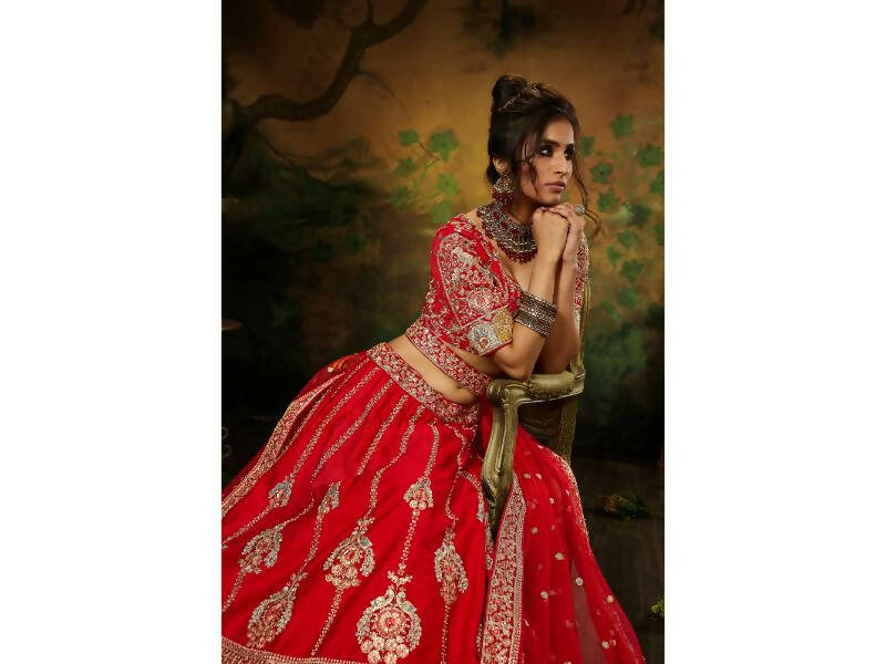 House of Panchhi Red Pure Silk Moti & Zarkan heavy embroidery Lehenga choli & Dupatta | Swadesiicart