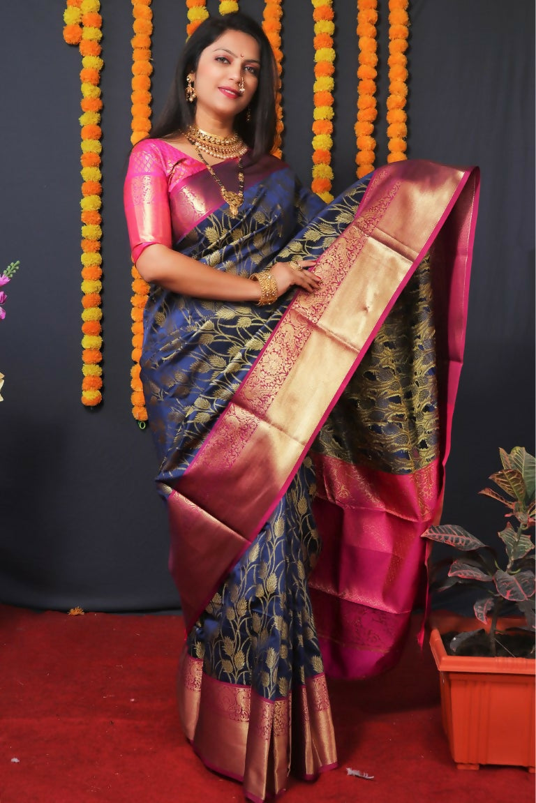 Jyoti Fashion Women's Navy Blue Kanjivaram Silk Zari Woven Saree with Blouse | Swadesiicart