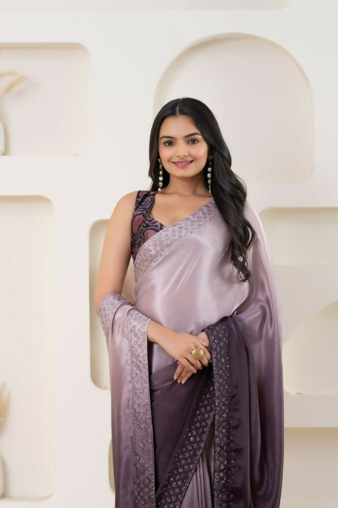 Wine Satin Pedding Designer, Printed Party Wear Ready To Wear Saree - Femina | Swadesiicart