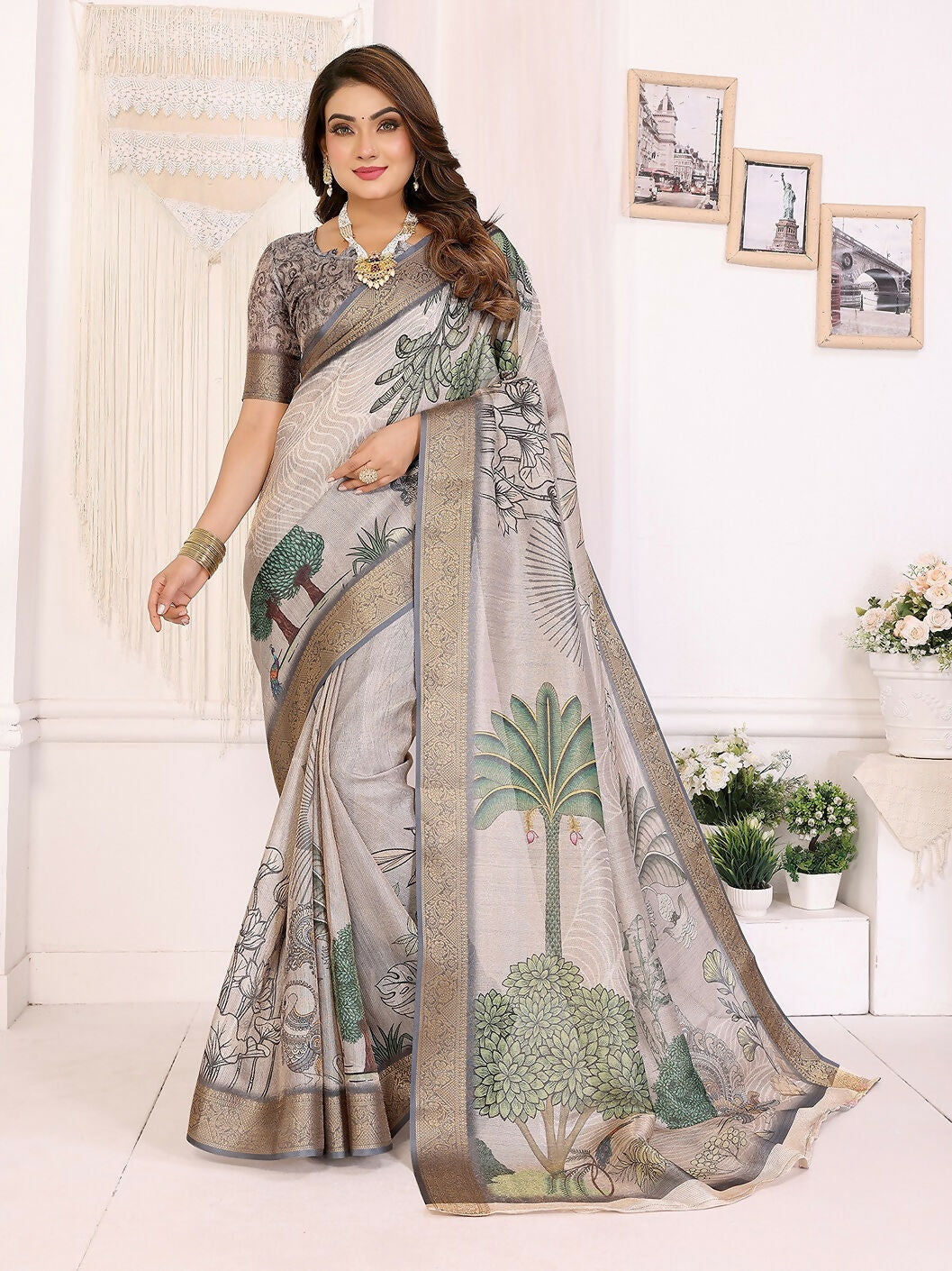 Joban Fashion Mutlicolor Art Print pattern Banarasi Silk Sarees | Swadesiicart