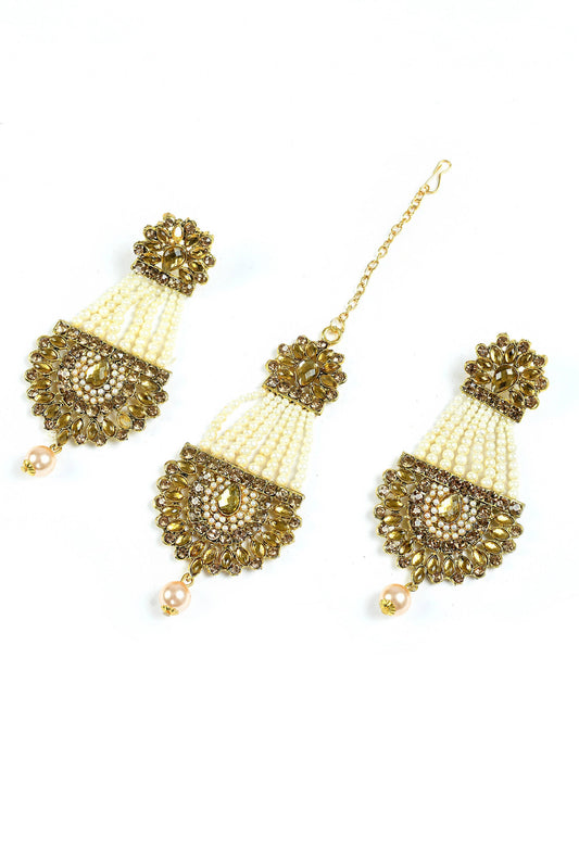 Mominos Fashion Johar Kamal Golden Kundan & Pearls Earrings With Tikka - Mominos Fashion