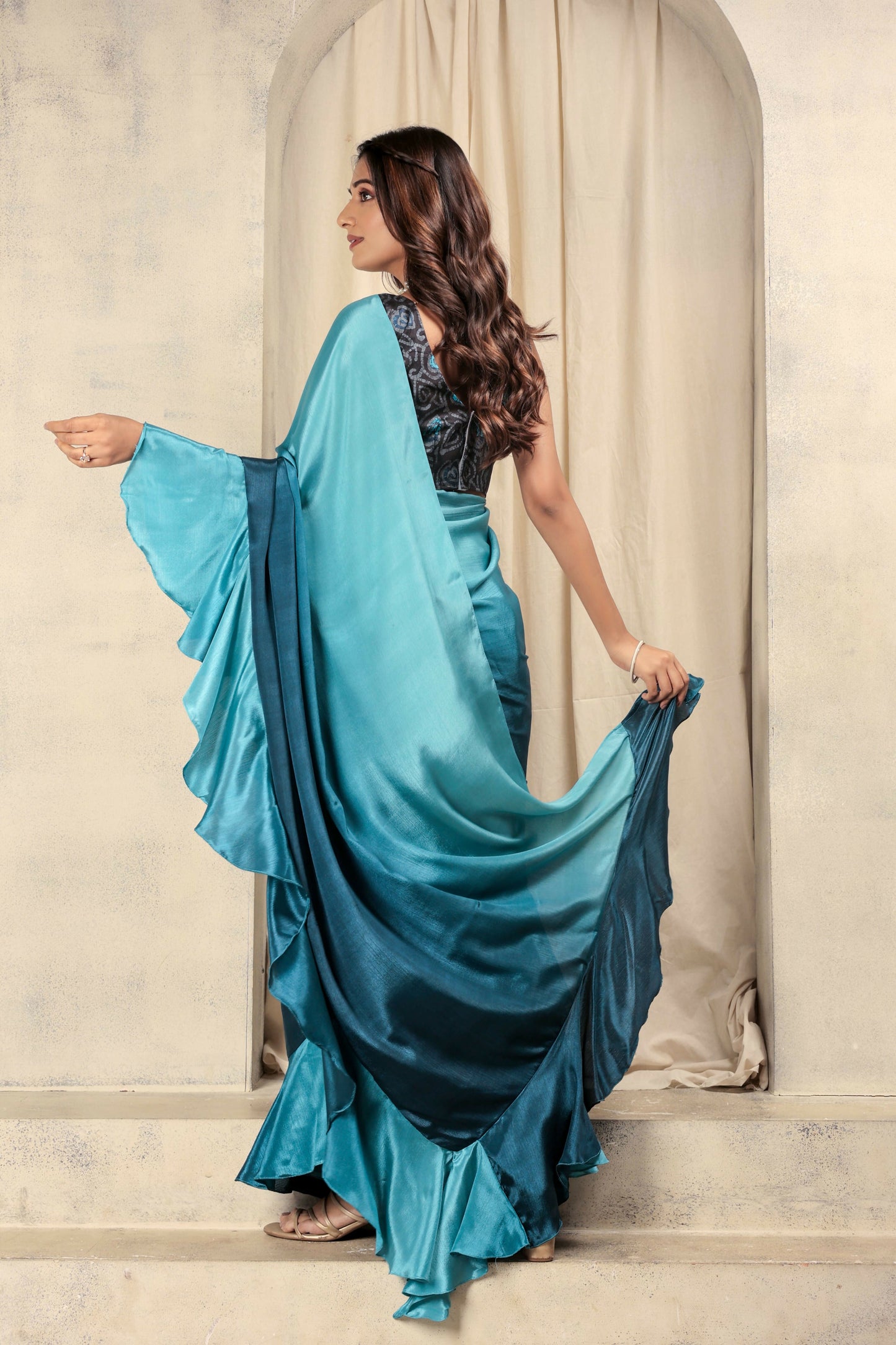 Blue Satin Solid Designer, Printed Party Wear Ready To Wear Saree - Nasreen | Swadesiicart