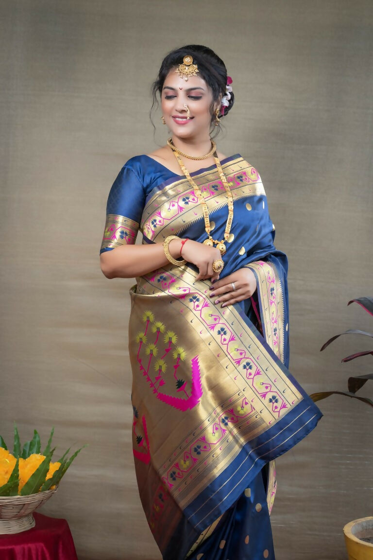 Jyoti Fashion Women's Blue Paithani Silk Zari Woven Saree with Blouse | Swadesiicart