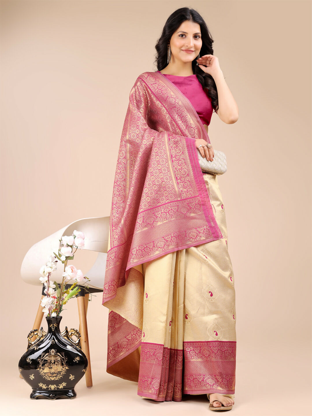 Astita Aura Silk Cream Magenta Banarasi Silk Saree | Swadesiicart