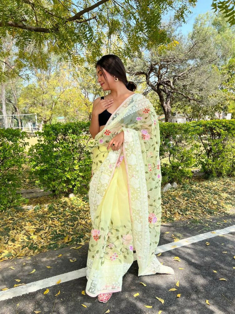Vamsee Foolwarii Yellow Organza Saree - Swadesiicart