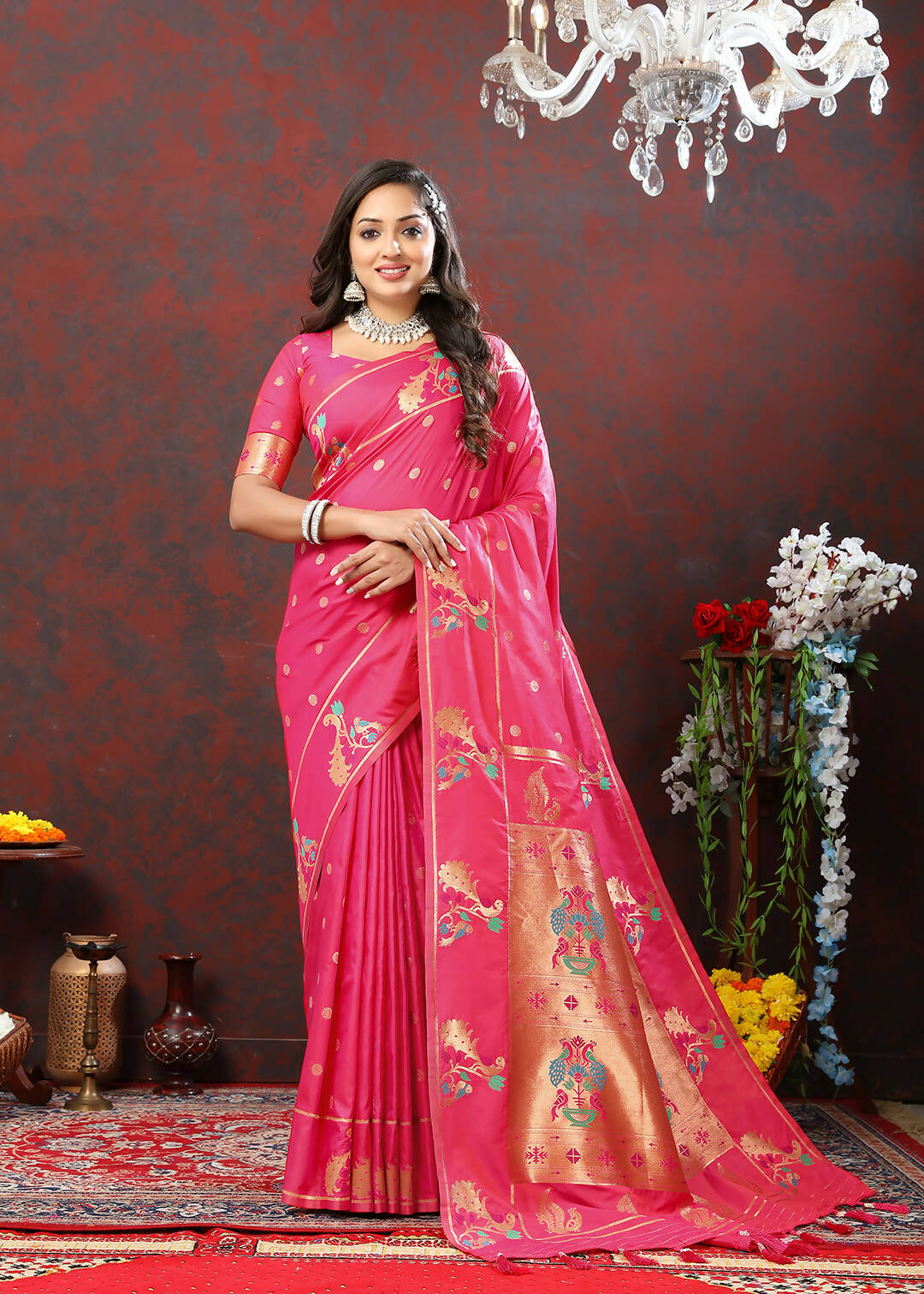 Lorenvalley Fashion Pink Soft Paithani Silk Woven Design Copper Zari Meenakari Weaving Saree - Swadesiicart