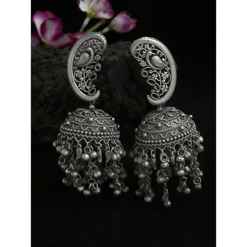 Peacock Shaped Tribal Design Oxidised Silver Plated Chandelier Jhumkas (VMC-PCK1) By House of Ree | Swadesiicart