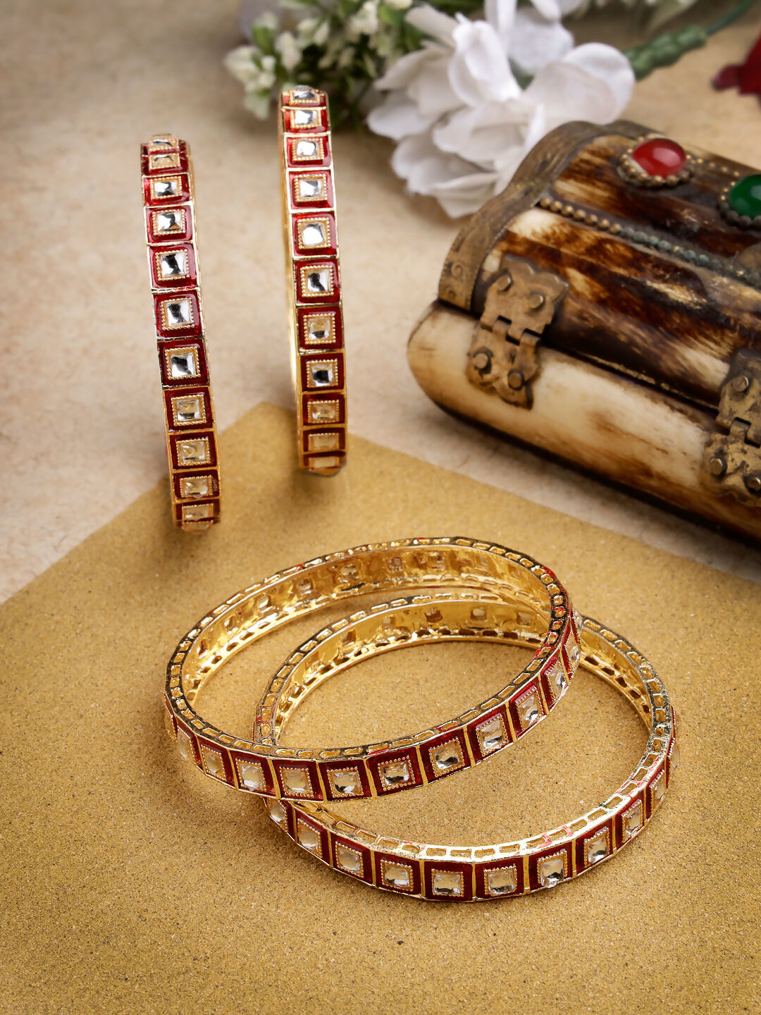 NVR Women's Set Of 4 Gold-Polished Red Kundan-Studded Traditional Bangles - Swadesiicart