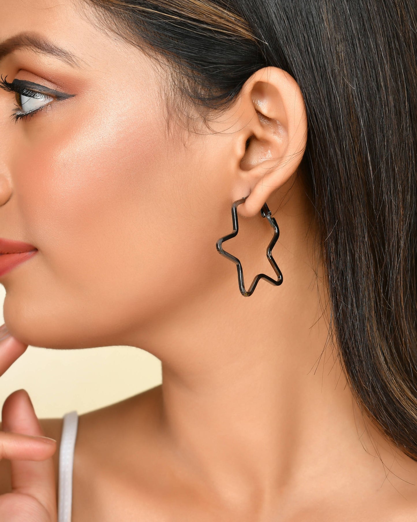 VOJ Women Rhodium Tonned Star Shape Stainless Steel Hoop Earrings - Swadesiicart