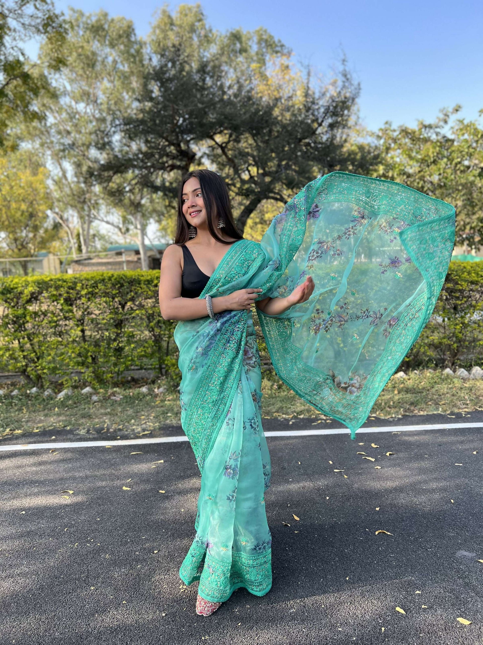Vamsee Vidhi 1 Blue Organza Saree - Swadesiicart