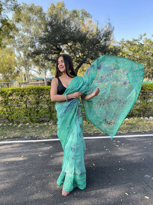 Vamsee Vidhi 1 Blue Organza Saree - Swadesiicart