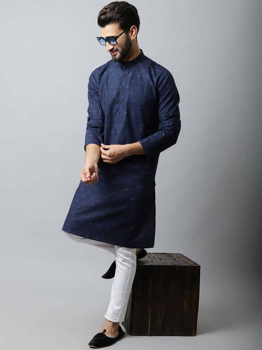 Even Apparels Navy blue Color Pure Cotton Men's Kurta With Band Collar (PRT1184-NVC) | Swadesiicart