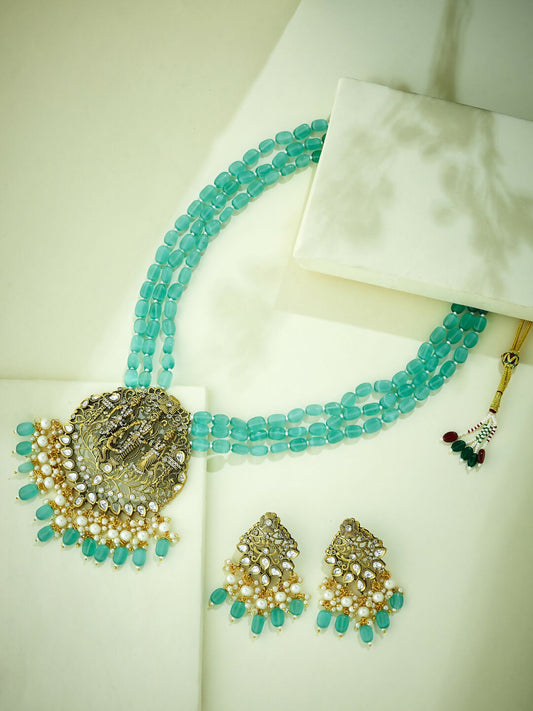 Nuyug 22K Gold-Plated Zircon Studded & Stone Beaded Strings Necklace Set | Swadesiicart
