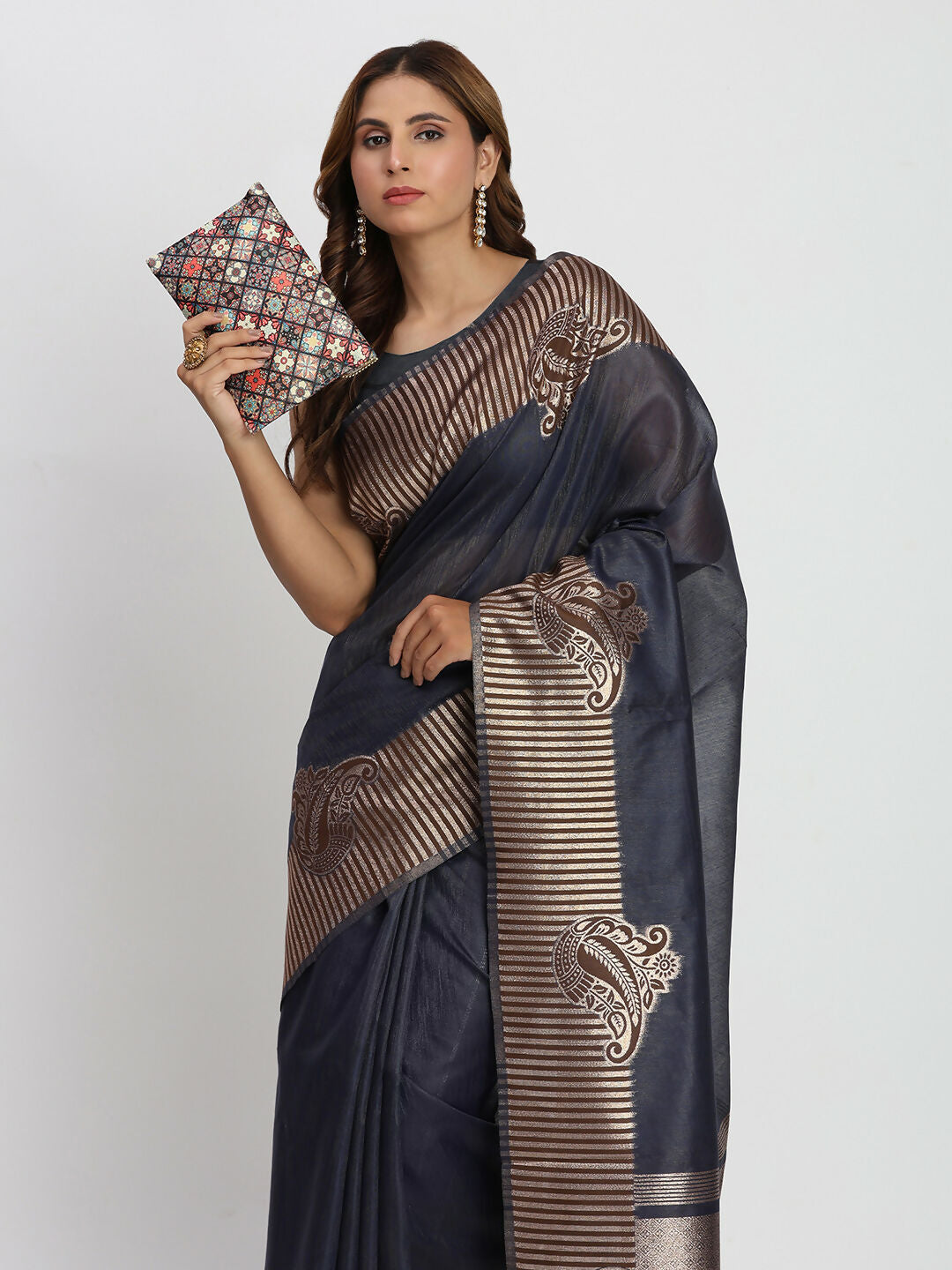 Shree Shyam Fashion Linen Cotton Navy Blue Saree