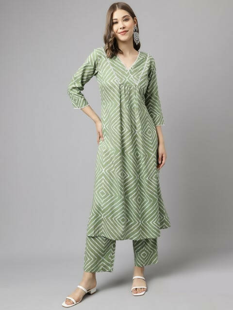 FIORRA Women's Green Cotton A-Line Kurta Set - Swadesiicart