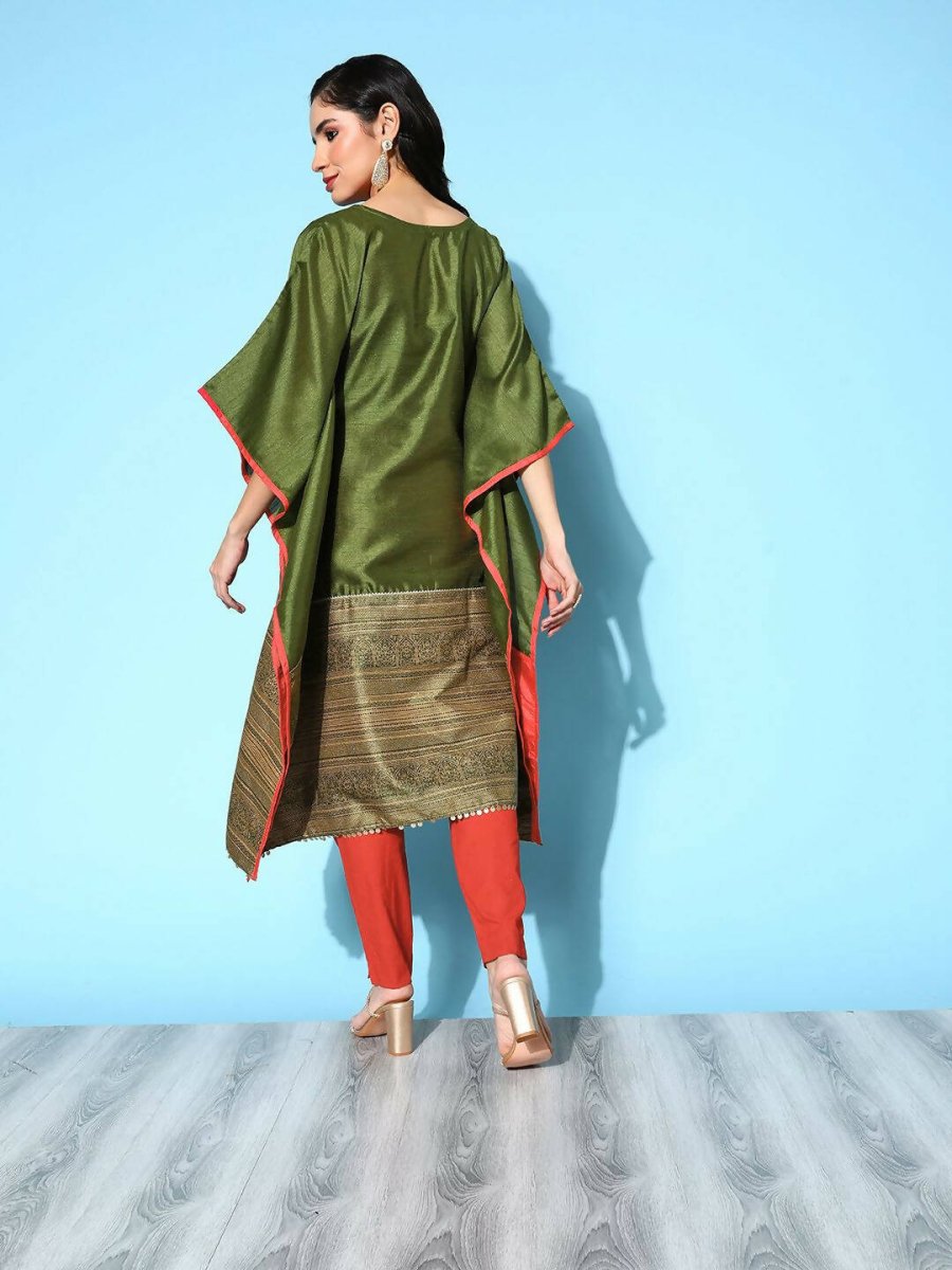 Ahalyaa Women Mehendi Poly Silk Gold Printed Kaftan Kurta | Swadesiicart