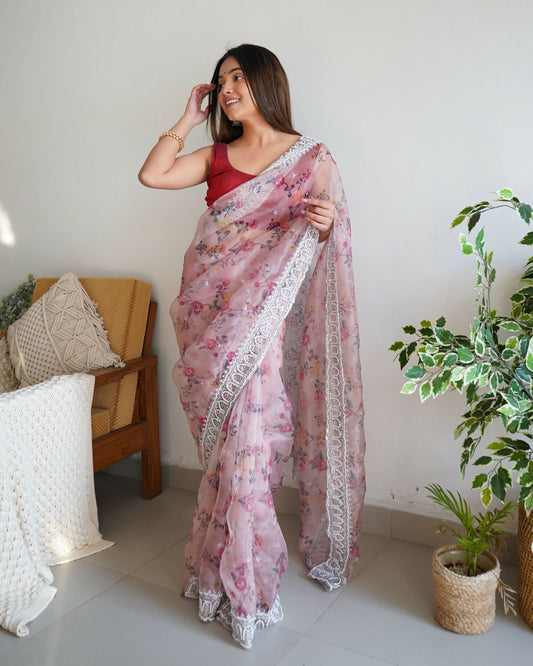 Vamsee Ferry Baby Pink Organza Saree - Swadesiicart